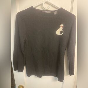 FOLIO New York 100% Cashmere Black Sweater/ White Cat, RARE, Saks Fifth Ave
